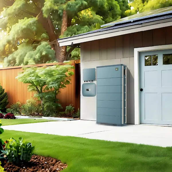 /storage/Home energy storage system on a house's exterior wall with solar panels, including a battery cabinet, hybrid inverter, and automatic switch.