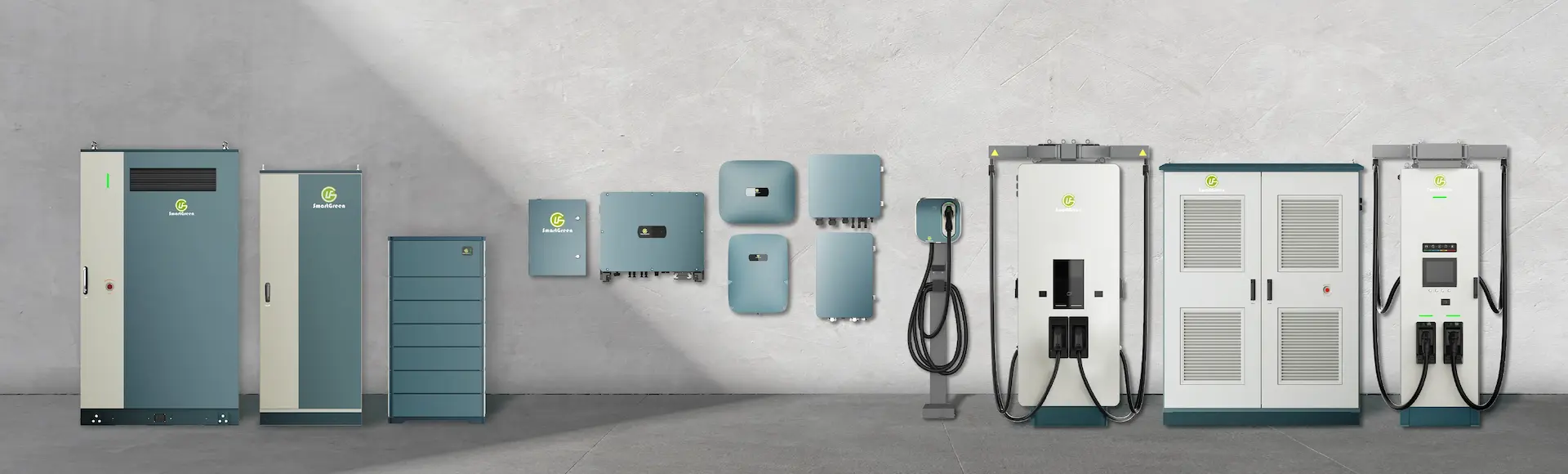 SmartGreen Solution all product,including EV chargers,solar inverter,hybrid inverter,residential energy storage system and commercial energy storage system.